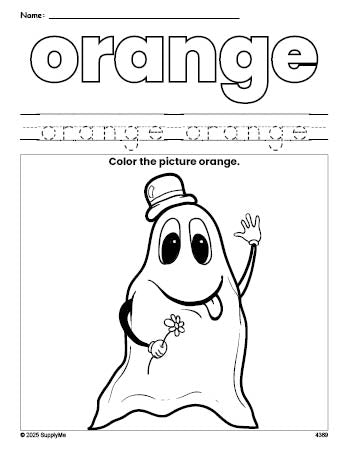 Free Halloween ghost color orange coloring page and color worksheet, orange worksheet for preschoolers to learn colors, printable PDF