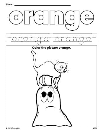 Free Halloween ghost color orange coloring page and color worksheet, orange worksheet for preschoolers to learn colors, printable PDF