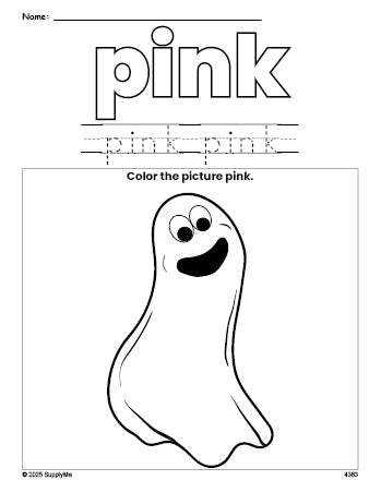 Free Halloween ghost color pink coloring page and color worksheet, pink worksheet for preschoolers to learn colors, printable PDF
