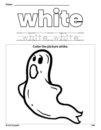 Free Halloween ghost color white coloring page and color worksheet, white worksheet for preschoolers to learn colors, printable PDF