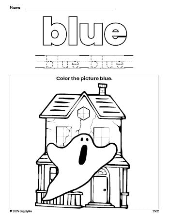 Free Halloween haunted house color blue coloring page and color worksheet, blue worksheet for preschoolers to learn colors, printable PDF