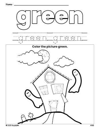 Free Halloween haunted house color green coloring page and color worksheet, green worksheet for preschoolers to learn colors, printable PDF