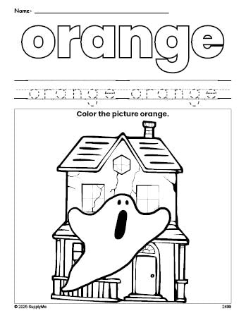 Free Halloween haunted house color orange coloring page and color worksheet, orange worksheet for preschoolers to learn colors, printable PDF