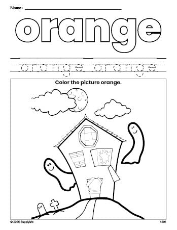 Free Halloween haunted house color orange coloring page and color worksheet, orange worksheet for preschoolers to learn colors, printable PDF