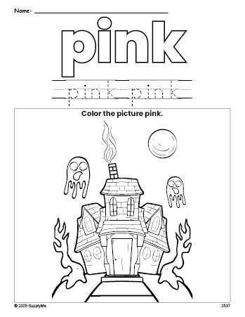 Free Halloween haunted house color pink coloring page and color worksheet, pink worksheet for preschoolers to learn colors, printable PDF