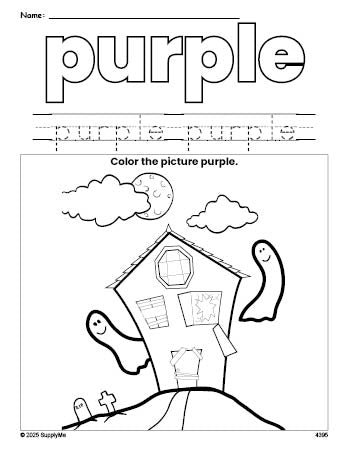 Free Halloween haunted house color purple coloring page and color worksheet, purple worksheet for preschoolers to learn colors, printable PDF