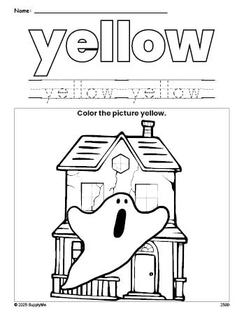 Free Halloween haunted house color yellow coloring page and color worksheet, yellow worksheet for preschoolers to learn colors, printable PDF