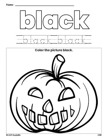 Free Halloween pumpkin color black coloring page and color worksheet, black worksheet for preschoolers to learn colors, printable PDF