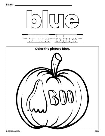 Free Halloween pumpkin color blue coloring page and color worksheet, blue worksheet for preschoolers to learn colors, printable PDF