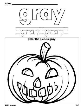 Free Halloween pumpkin color gray coloring page and color worksheet, gray worksheet for preschoolers to learn colors, printable PDF