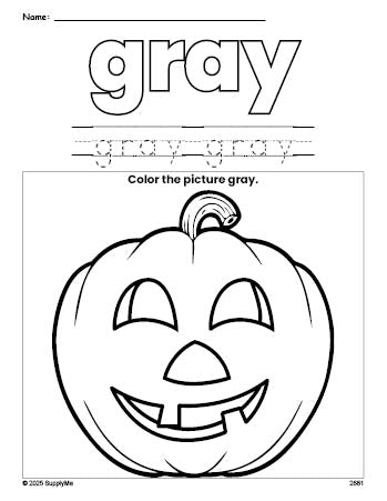Free Halloween pumpkin color gray coloring page and color worksheet, gray worksheet for preschoolers to learn colors, printable PDF