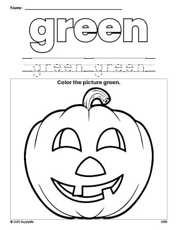 Free Halloween pumpkin color green coloring page and color worksheet, green worksheet for preschoolers to learn colors, printable PDF