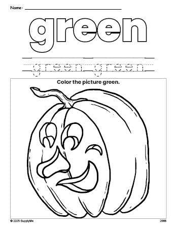 Free Halloween pumpkin color green coloring page and color worksheet, green worksheet for preschoolers to learn colors, printable PDF