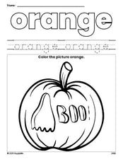 Free Halloween pumpkin color orange coloring page and color worksheet, orange worksheet for preschoolers to learn colors, printable PDF