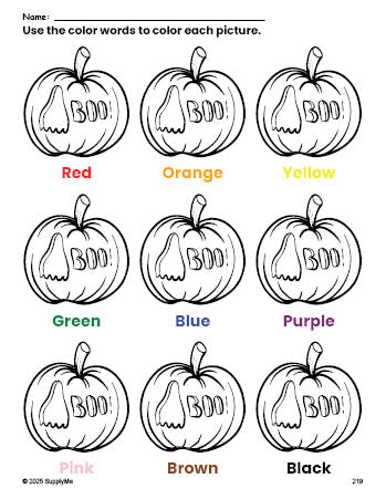 Free Halloween pumpkin coloring page and color worksheet for preschoolers to learn colors, printable PDF