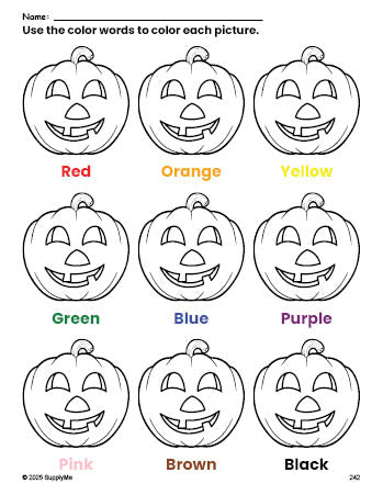 Free Halloween pumpkin coloring page and color worksheet for preschoolers to learn colors, printable PDF
