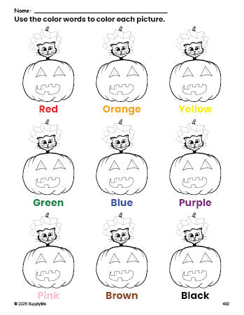 Free Halloween pumpkin coloring page and color worksheet for preschoolers to learn colors, printable PDF