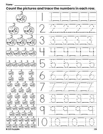 Free printable Halloween pumpkin counting worksheet for preschool and pre-k with number tracing practice 1-10, PDF