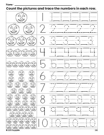 Free printable Halloween pumpkin counting worksheet for preschool and pre-k with number tracing practice 1-10, PDF