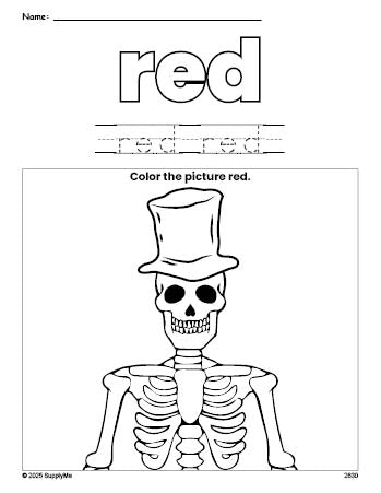 Free Halloween skeleton color red coloring page and color worksheet, red worksheet for preschoolers to learn colors, printable PDF