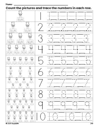 Free printable Halloween skeleton counting worksheet for preschool and pre-k with number tracing practice 1-10, PDF
