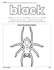 Free Halloween spider color black coloring page and color worksheet, black worksheet for preschoolers to learn colors, printable PDF