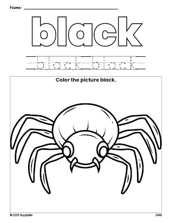 Free Halloween spider color black coloring page and color worksheet, black worksheet for preschoolers to learn colors, printable PDF
