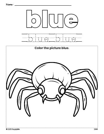 Free Halloween spider color blue coloring page and color worksheet, blue worksheet for preschoolers to learn colors, printable PDF