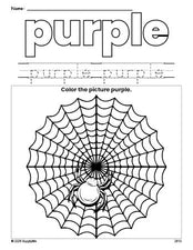 Free Halloween spider color purple coloring page and color worksheet, purple worksheet for preschoolers to learn colors, printable PDF