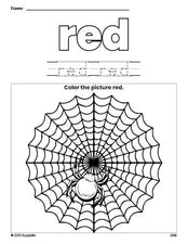 Free Halloween spider color red coloring page and color worksheet, red worksheet for preschoolers to learn colors, printable PDF