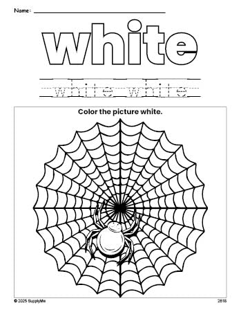 Free Halloween spider color white coloring page and color worksheet, white worksheet for preschoolers to learn colors, printable PDF