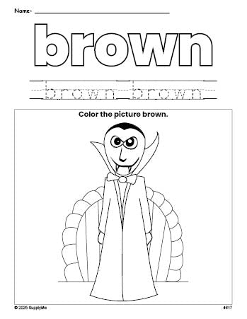 Free Halloween vampire color brown coloring page and color worksheet, brown worksheet for preschoolers to learn colors, printable PDF