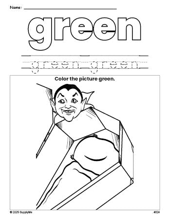 Free Halloween vampire color green coloring page and color worksheet, green worksheet for preschoolers to learn colors, printable PDF