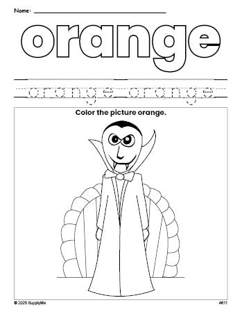 Free Halloween vampire color orange coloring page and color worksheet, orange worksheet for preschoolers to learn colors, printable PDF