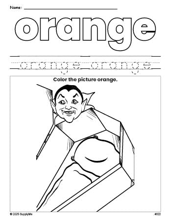 Free Halloween vampire color orange coloring page and color worksheet, orange worksheet for preschoolers to learn colors, printable PDF