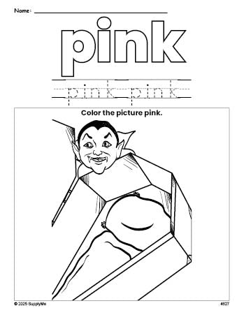 Free Halloween vampire color pink coloring page and color worksheet, pink worksheet for preschoolers to learn colors, printable PDF