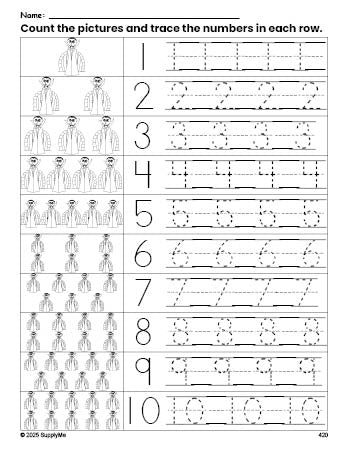 Free printable Halloween vampire counting worksheet for preschool and pre-k with number tracing practice 1-10, PDF