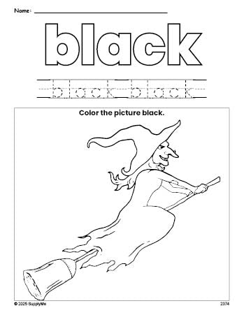 Free Halloween witch color black coloring page and color worksheet, black worksheet for preschoolers to learn colors, printable PDF