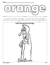 Free Halloween witch color orange coloring page and color worksheet, orange worksheet for preschoolers to learn colors, printable PDF