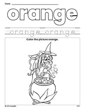 Free Halloween witch color orange coloring page and color worksheet, orange worksheet for preschoolers to learn colors, printable PDF