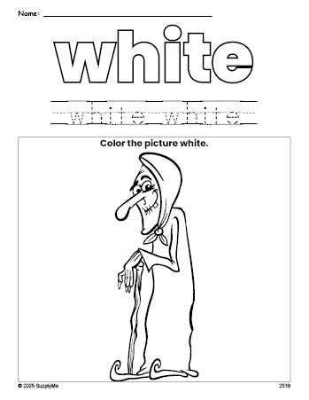 Free Halloween witch color white coloring page and color worksheet, white worksheet for preschoolers to learn colors, printable PDF
