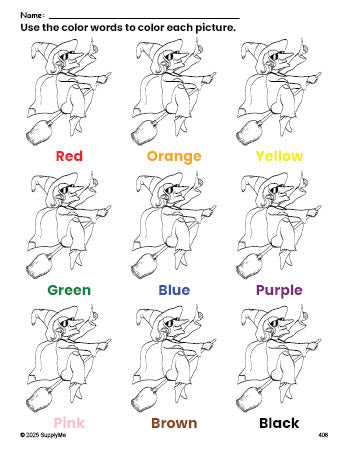 Free Halloween witch coloring page and color worksheet for preschoolers to learn colors, printable PDF