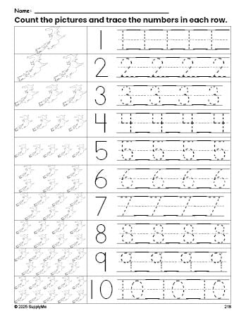 Free printable Halloween witch counting worksheet for preschool and pre-k with number tracing practice 1-10, PDF