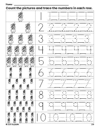 Free printable Halloween witch counting worksheet for preschool and pre-k with number tracing practice 1-10, PDF