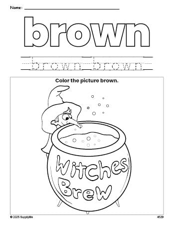 Free Halloween witches brew color brown coloring page and color worksheet, brown worksheet for preschoolers to learn colors, printable PDF