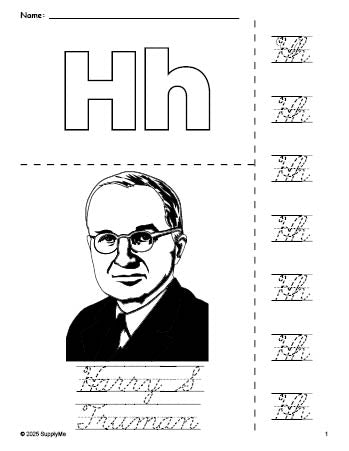 Free printable Harry S Truman Presidents' Day coloring page and cursive letter tracing worksheet, letter h worksheet for preschool, pre-k, and kindergarten, PDF