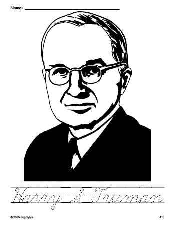 FREE Printable Harry S Truman Presidents' Day Coloring Page and Cursive ...