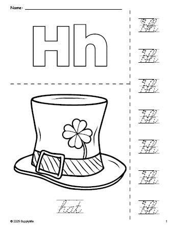 Free printable hat St. Patrick's Day coloring page and cursive letter tracing worksheet, letter h worksheet for preschool, pre-k, and kindergarten, PDF