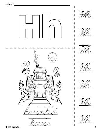 Free printable haunted house Halloween coloring page and cursive letter tracing worksheet, letter h worksheet for preschool, pre-k, and kindergarten, PDF