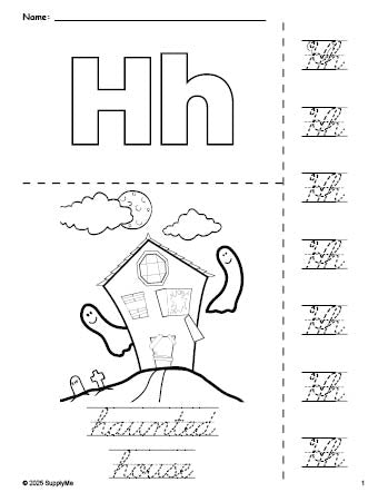 Free printable haunted house Halloween coloring page and cursive letter tracing worksheet, letter h worksheet for preschool, pre-k, and kindergarten, PDF